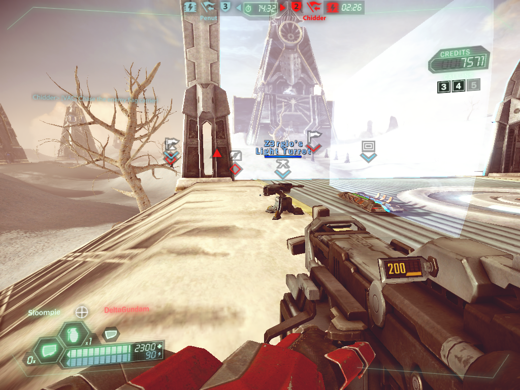 Tribes: Ascend (Windows) screenshot: Force fields and turrets can be used to protect the flag
