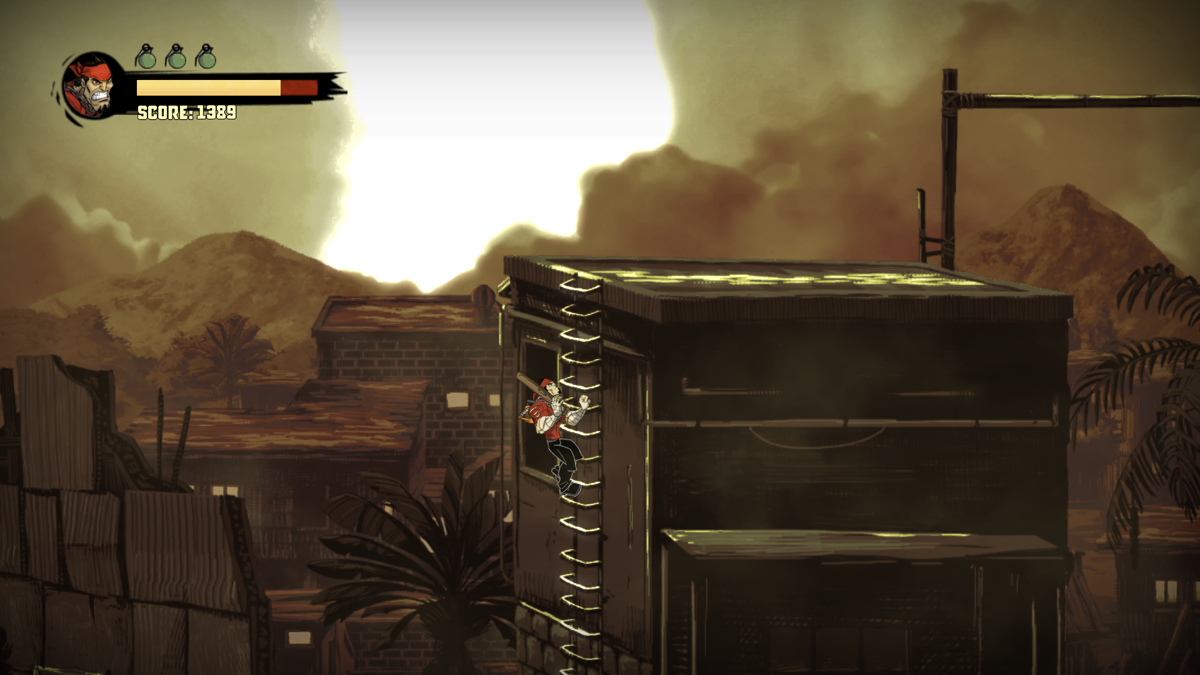 Shank 2 (Windows) screenshot: Shank can also climb ladders and hang on beams.