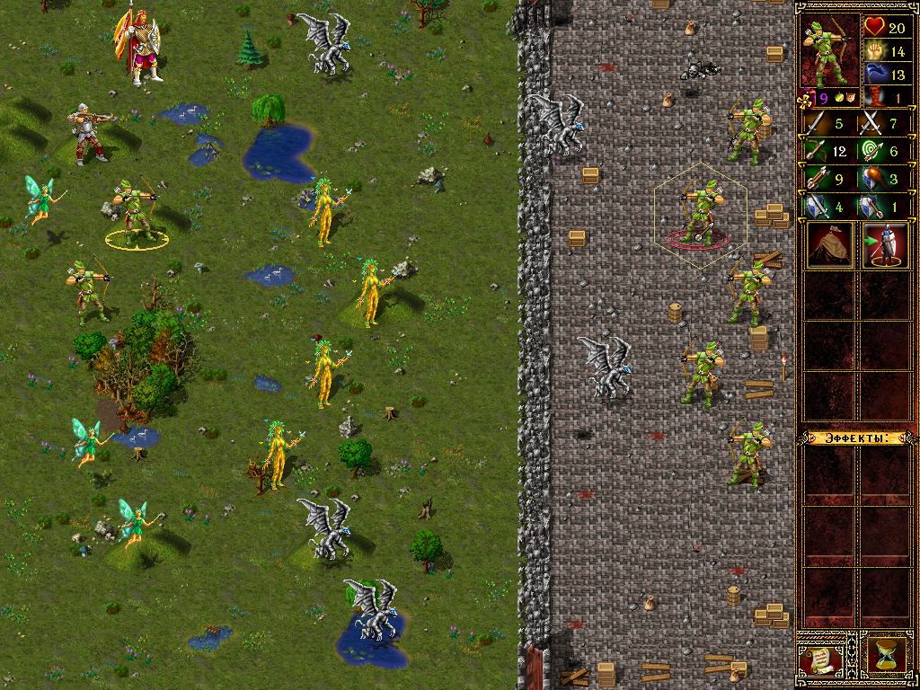 Eador: Genesis (Windows) screenshot: Combat during a siege. You first have to spend several turns taking down the fortifications, although an early siege may also be initiated with some of the towers and walls still intact.