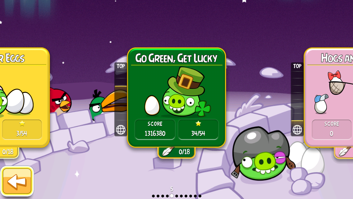 Angry Birds: Seasons (iPhone) screenshot: Level select; this section is St. Patrick's Day themed