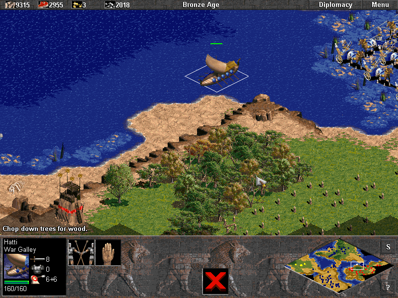 Age of Empires (Demo Version) (Windows) screenshot: This watch tower doesn't even have a chance against the war galley, which has more than double the firing range.