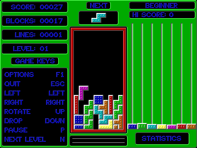 Smooth Tetris (DOS) screenshot: After a few blocks have been removed, the bars on the right start growing.