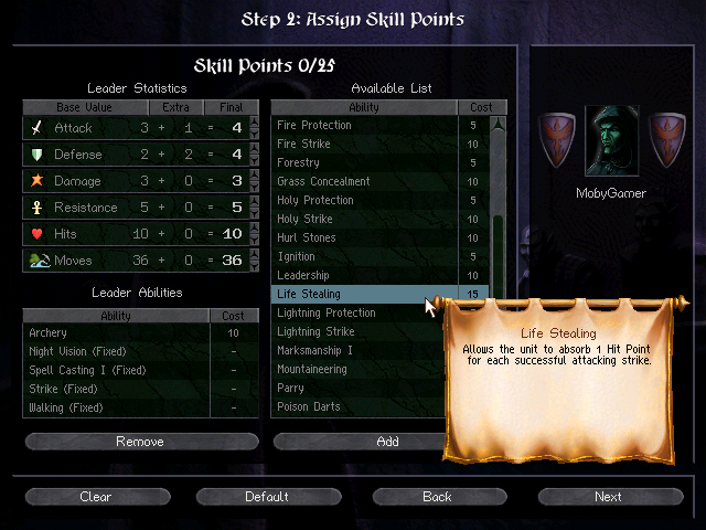 Age of Wonders (Windows) screenshot: Character Creation (Campaign) - Skill distribution.