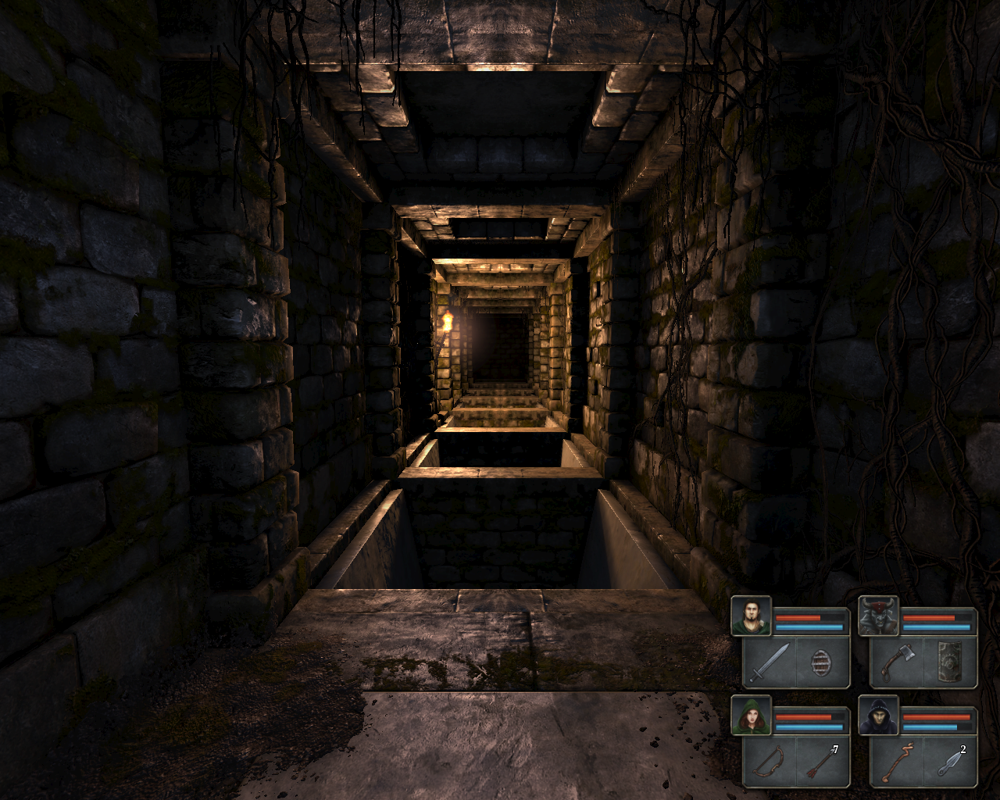 Legend of Grimrock (Windows) screenshot: Put away your torch and witness some moody corridors