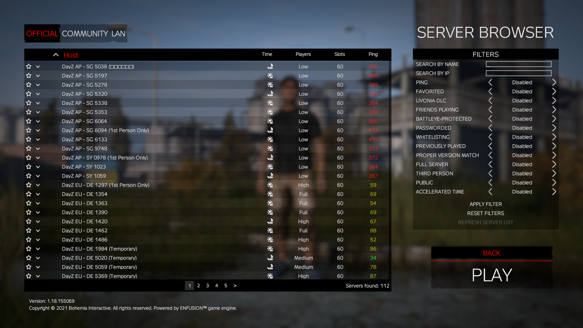 DayZ (Windows) screenshot: So many servers, so hard to choose
