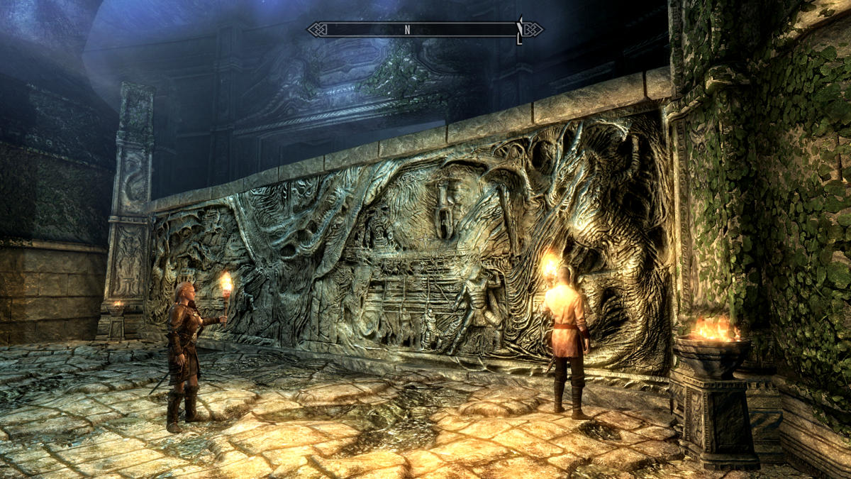 The Elder Scrolls V: Skyrim (Windows) screenshot: Delphine and Esbern in front of Alduin's Wall in Sky Haven Temple
