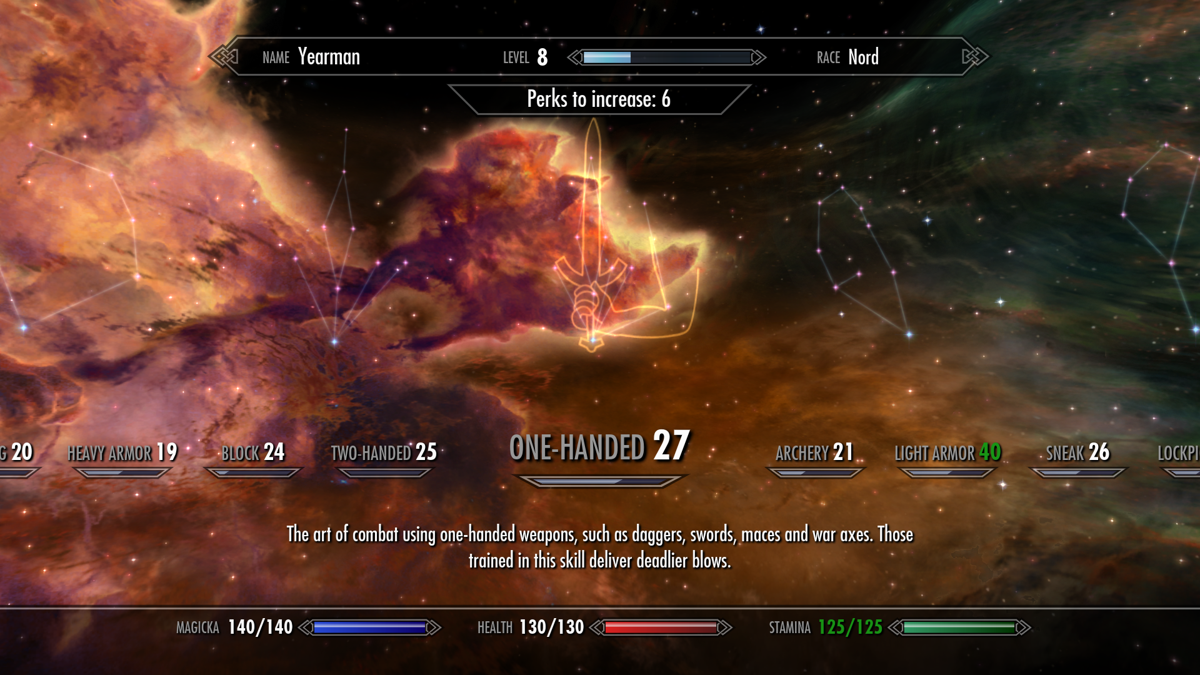 The Elder Scrolls V: Skyrim (Windows) screenshot: The skill menu. You get one new perk for every level increase