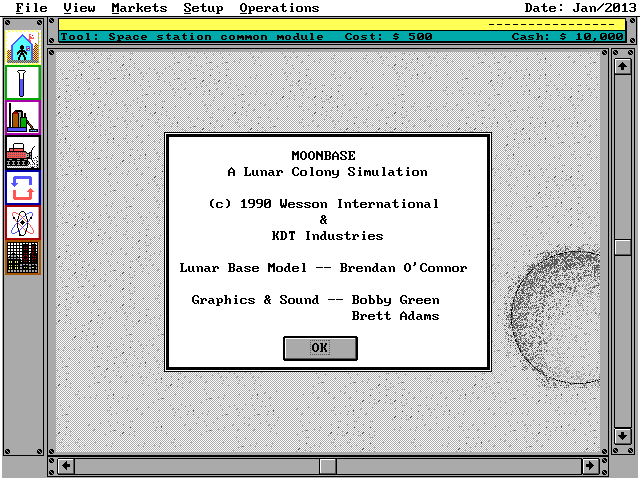 Moonbase (DOS) screenshot: About Moonbase with information (VGA)