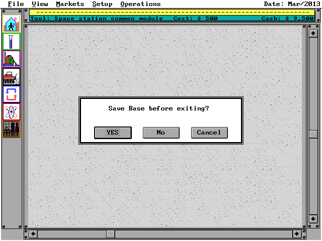 Moonbase (DOS) screenshot: Exit to DOS and save game? (VGA)
