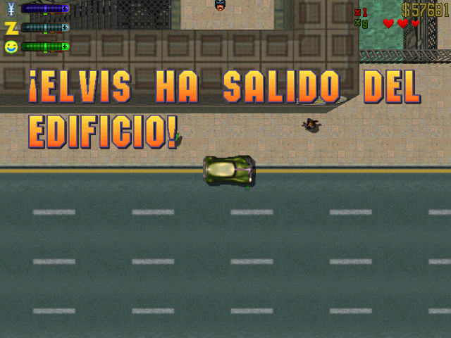 Grand Theft Auto 2 (Windows) screenshot: When you kill six Elvis impersonators in a row, you get a bonus called "Elvis has left the building"