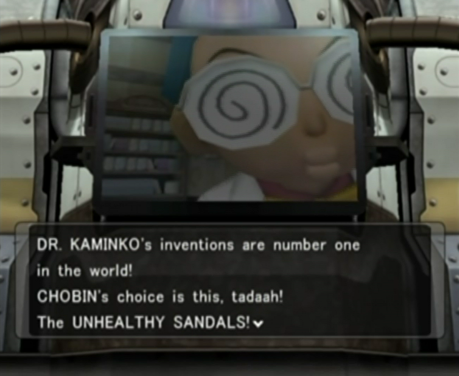 Pokémon XD: Gale of Darkness (GameCube) screenshot: Chobin's TV. It shows off Dr. Kaminko's inventions.