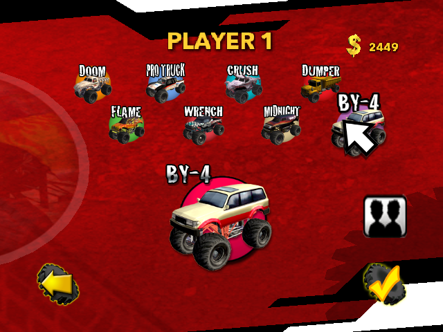 Monster Trux Extreme: Offroad Edition (Windows) screenshot: Selecting a truck. With the amount already collected all trucks were already unlocked.