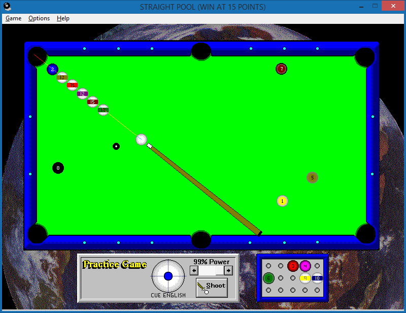 Multimedia Pool (Windows 16-bit) screenshot: Having fun with the practice mode in a Straight Pool game.