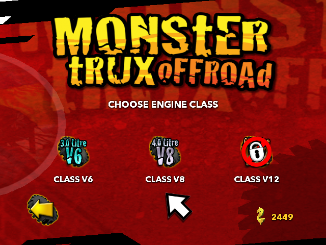 Monster Trux Extreme: Offroad Edition (Windows) screenshot: Selecting the engine class.