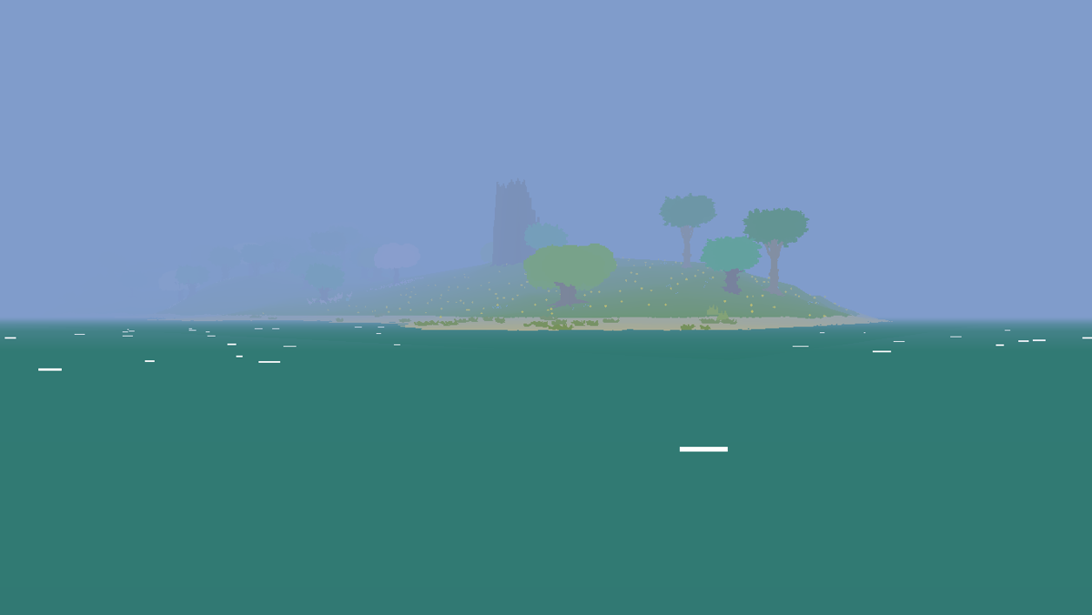 Proteus (Windows) screenshot: Swimming through the water towards the island.
