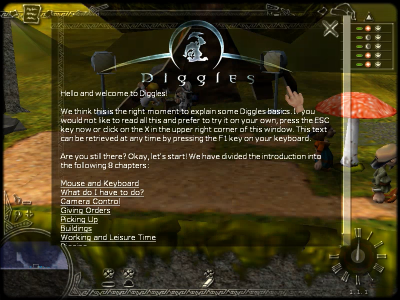 Diggles: The Myth of Fenris (Windows) screenshot: Welcome to Diggles, here's a guide