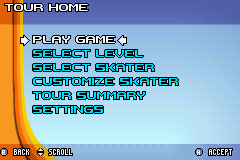 Backyard Skateboarding (Game Boy Advance) screenshot: Tour Home