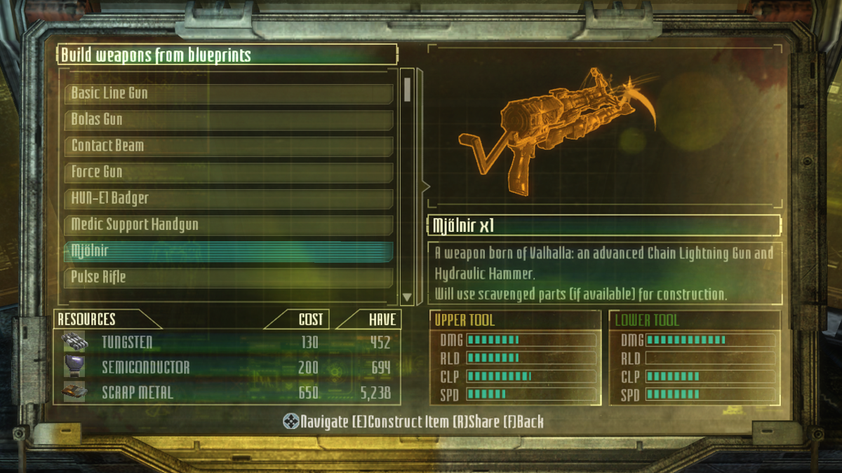 Dead Space 3 (Windows) screenshot: Building a weapon from blueprint