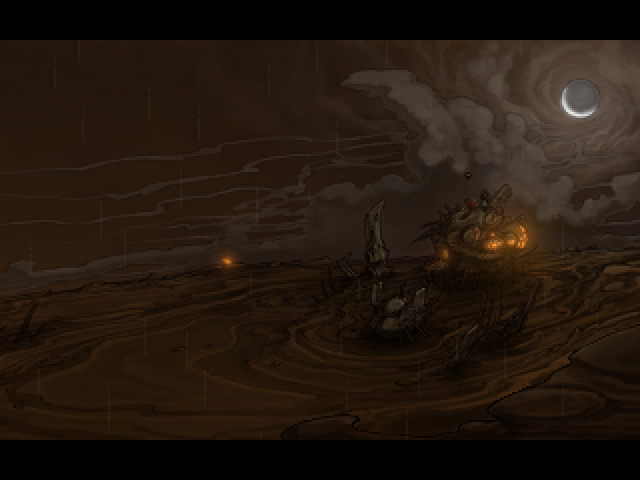 Primordia (Windows) screenshot: Their home in this bleak world is a derelict airship named “UNNIIC”.