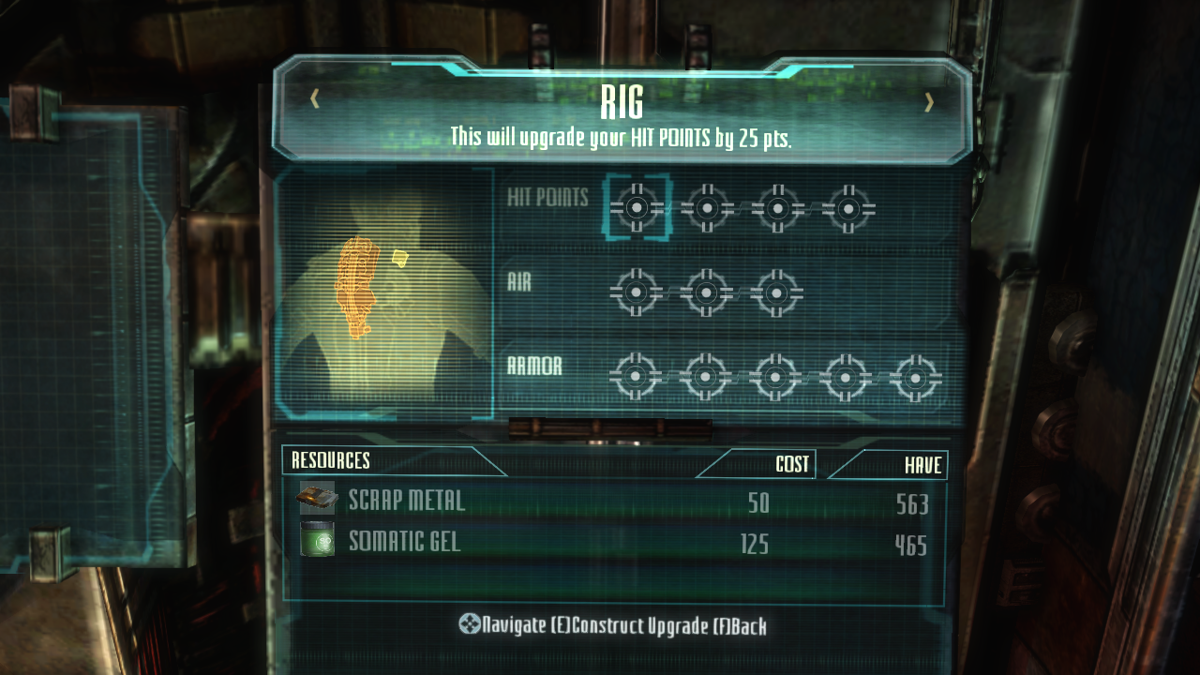 Dead Space 3 (Windows) screenshot: Upgrading suit's rig