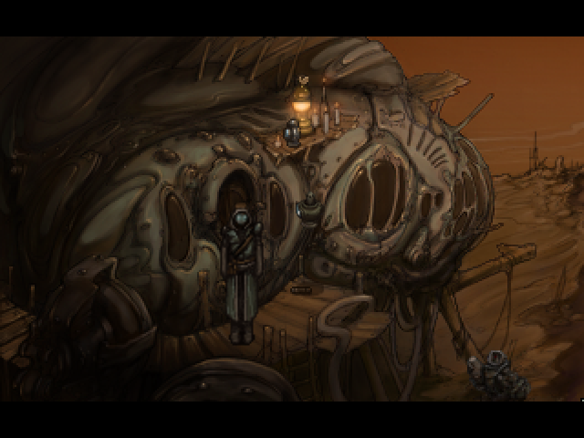 Primordia (Windows) screenshot: Horatio & Crispin on the front porch of the UNNIIC.