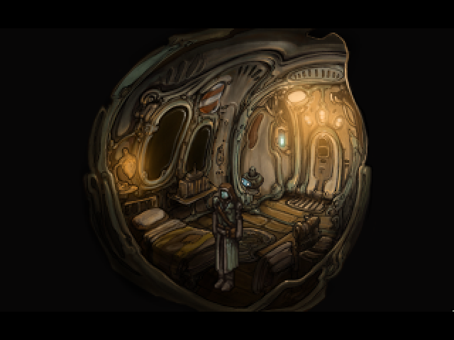 Primordia (Windows) screenshot: The bedroom inside the UNNIIC.