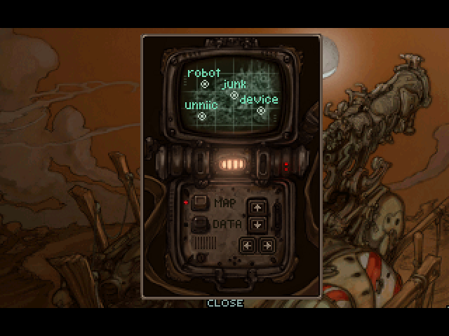 Primordia (Windows) screenshot: Horatio’s datapad automatically keeps track of interesting locations.