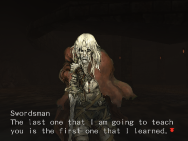 Wizardry: Tale of the Forsaken Land (PlayStation 2) screenshot: The old swordsman will teach you the basics.
