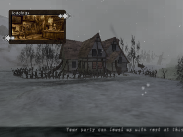 Wizardry: Tale of the Forsaken Land (PlayStation 2) screenshot: In town, you use menus to move between buildings.