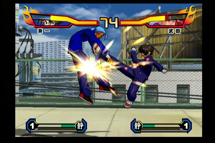 Shijō Saikyō no Deshi Kenichi: Gekitō! Ragnarok Hachikengō (PlayStation 2) screenshot: Now that's what I call kickboxing! You know, 'cause Takeda's a boxer? Eh?