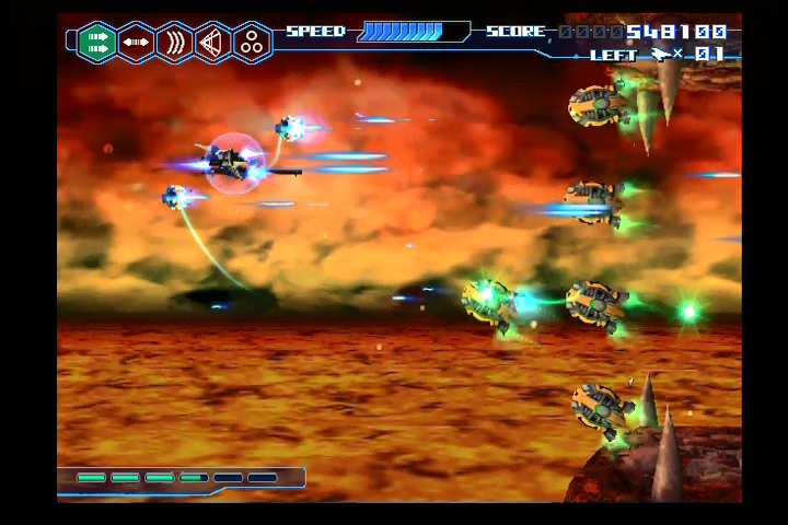 Thunder Force VI (PlayStation 2) screenshot: Flying across a lava planet.