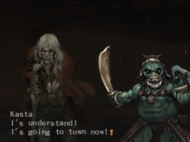 Wizardry: Tale of the Forsaken Land (PlayStation 2) screenshot: Not all monsters are evil. Meet Kasta, your best Orc friend.