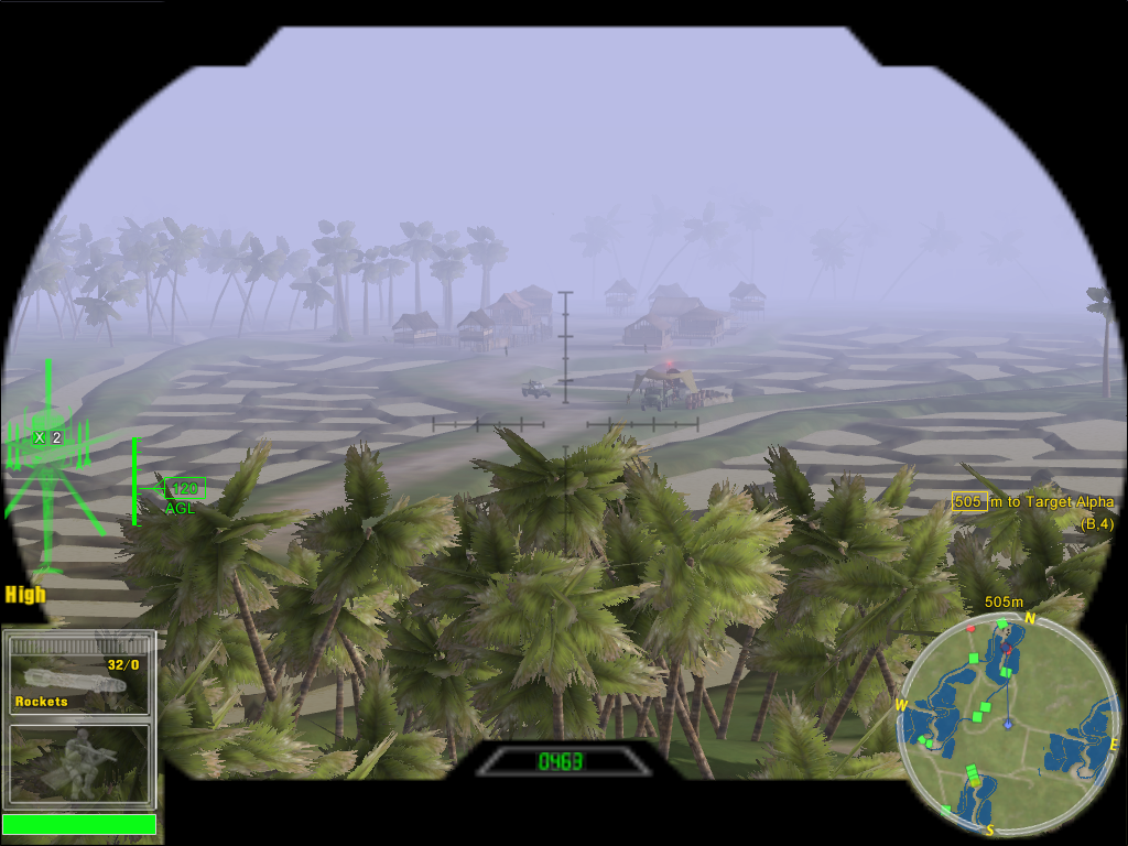 Joint Operations: Typhoon Rising (Windows) screenshot: Using binoculars in the helicopter to spy on the enemy camp. Note the left part of the HUD is showing the helicopter outline.