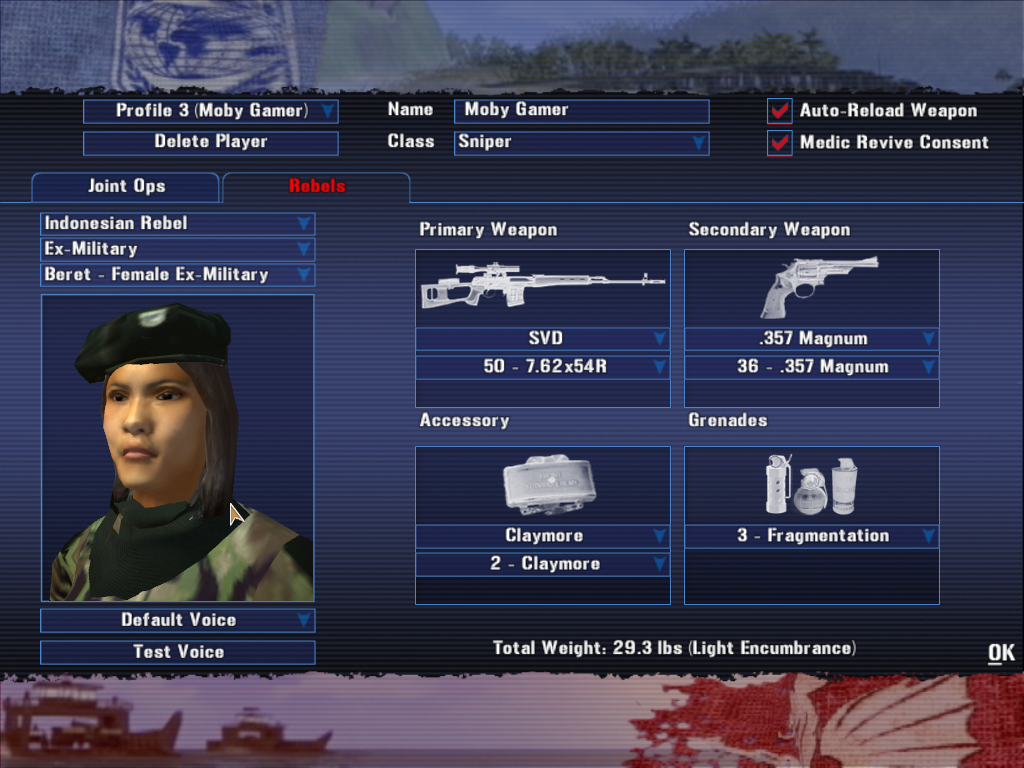 Joint Operations: Typhoon Rising (Windows) screenshot: Player character selection; there are males & female characters, with various outfits and equipment. Here is a rebel woman sniper.