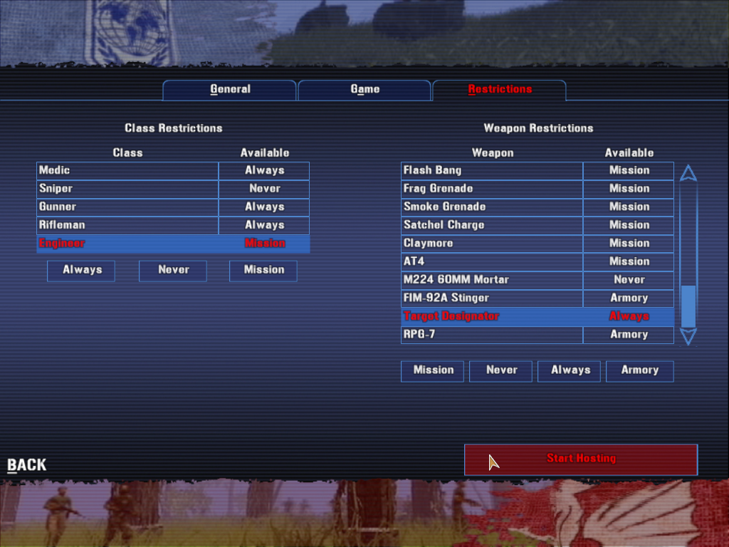 Joint Operations: Typhoon Rising (Windows) screenshot: Player roles and weapon availability can be limited if there is need.