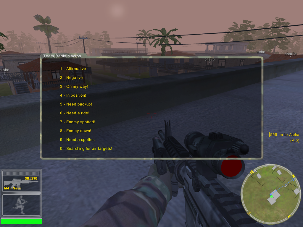 Joint Operations: Typhoon Rising (Windows) screenshot: Each player also has a 'radio' interface with predefined words to call out to the others, by the character. (there is also a text chat) In the background, the waypoints are seen on the HUD.