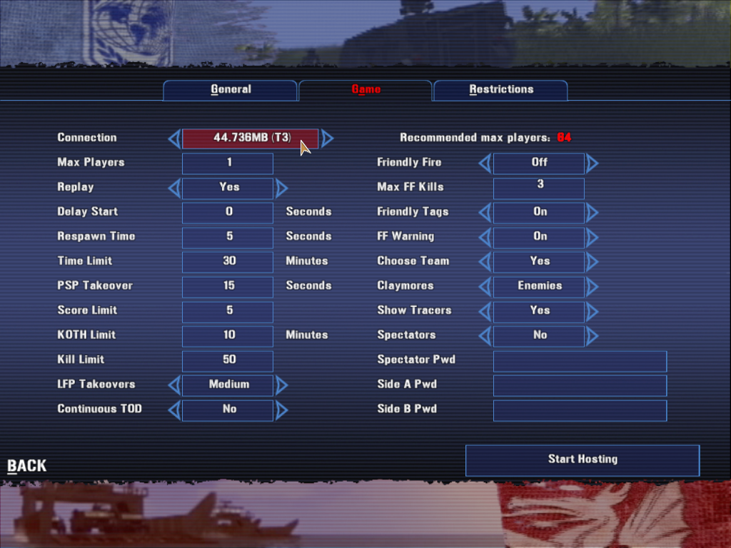 Joint Operations: Typhoon Rising (Windows) screenshot: To not overload your connection, there is help to limit the server, from one to 64 players if you have a T3 speed.