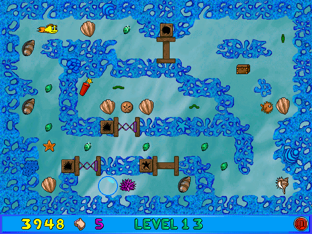 Freddi Fish and Luther's Maze Madness (Windows) screenshot: Sea urchins, shells etc. are "keys" for these wooden doors - not so easy to get at later levels.