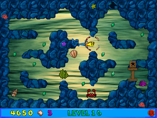 Freddi Fish and Luther's Maze Madness (Windows) screenshot: A stream of water pushes Freddi - the further you get, the more new elements appear.
