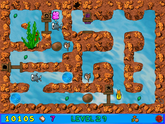 Freddi Fish and Luther's Maze Madness (Windows) screenshot: On the bottom bar you can see "keys" collected at this level (and not yet used).