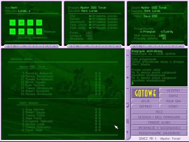 Insane Speedway (DOS) screenshot: Next match teams