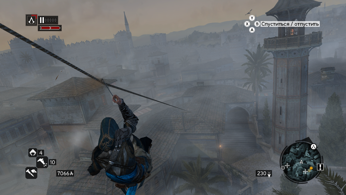 Assassin's Creed: Revelations (Windows) screenshot: Sliding down the zipline