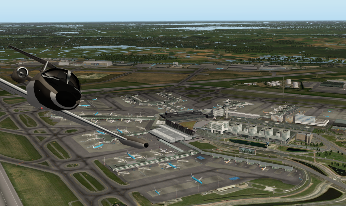 Airport Amsterdam (Windows) screenshot: Learjet 25C above Schiphol Amsterdam.