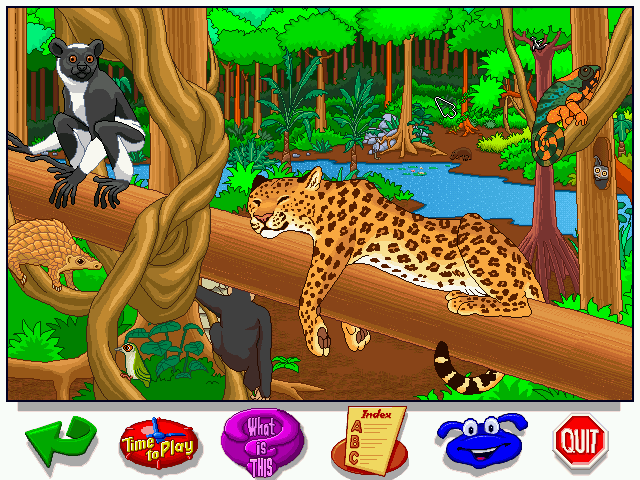 Let's Explore the Jungle (Windows) screenshot: Here you can see the chameleon, along with a cute leopard and some other animals, in its natural habitat.