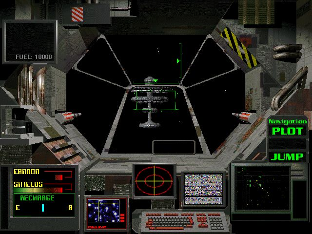 Star Merc (Windows 3.x) screenshot: The start of a game. Ahead is a star base, look for these in other sectors to recharge shields and refuel