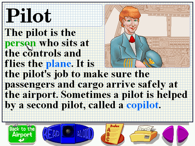 Let's Explore The Airport (Windows) screenshot: I just had to highlight the word "person" because this particular person is a woman! Too bad that still the vast majority of airline pilots are male...