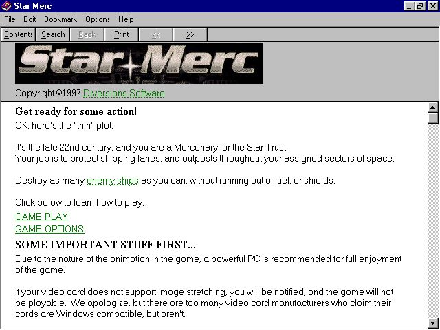 Star Merc (Windows 3.x) screenshot: The in-game help text opens in a new window that replaces the game screen