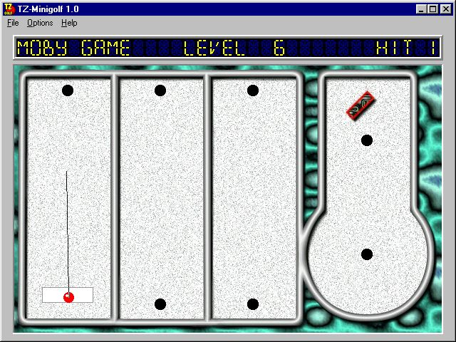 TZ-Minigolf (Windows 3.x) screenshot: Hole six, the last of the shareware holes, is one of those holes that surprises.