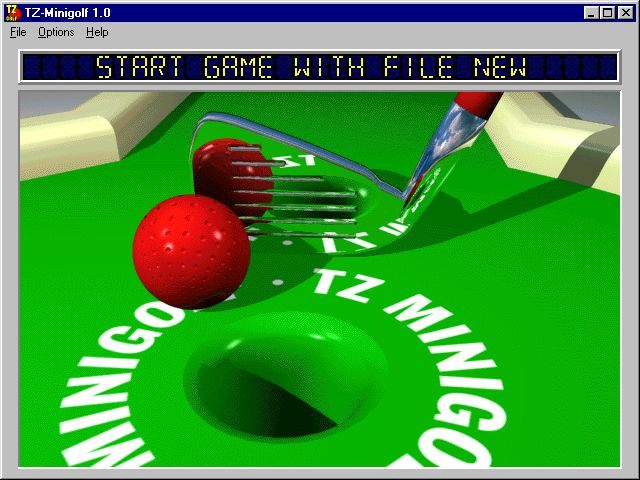 TZ-Minigolf (Windows 3.x) screenshot: The game's main screen which is seen after the shareware nag screen has been disposed of.