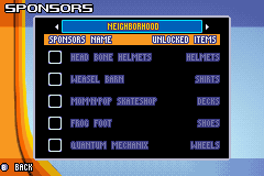 Backyard Skateboarding (Game Boy Advance) screenshot: Sponsors